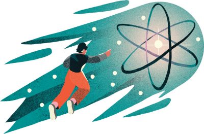 illustration of a figure pushing through space to a quantum atom.