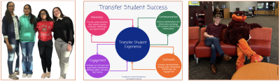 three photos; two of current CS transfer students and a chart showing the facets of transfer student success which are: advocacy, engagement, communication and outreach.